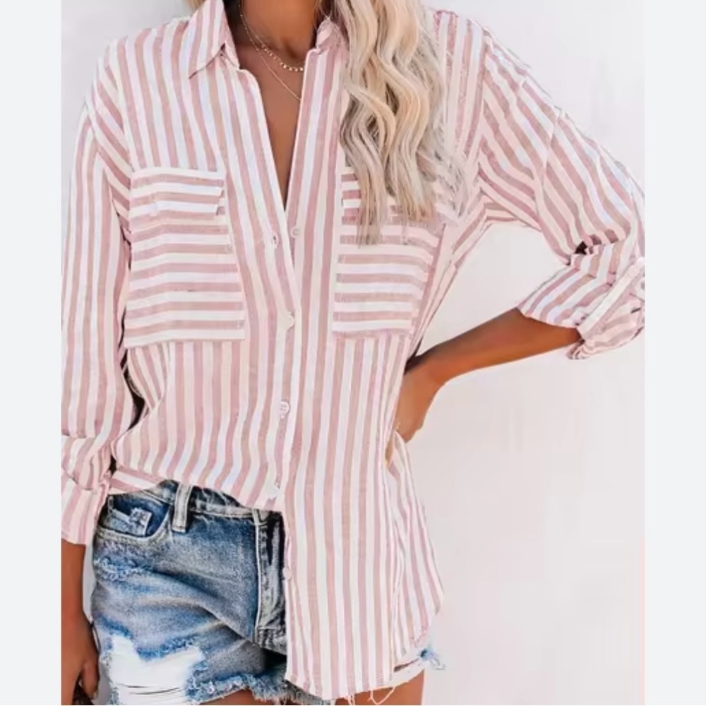 Pink Striped Boyfriend Button Down Shirt - Size M